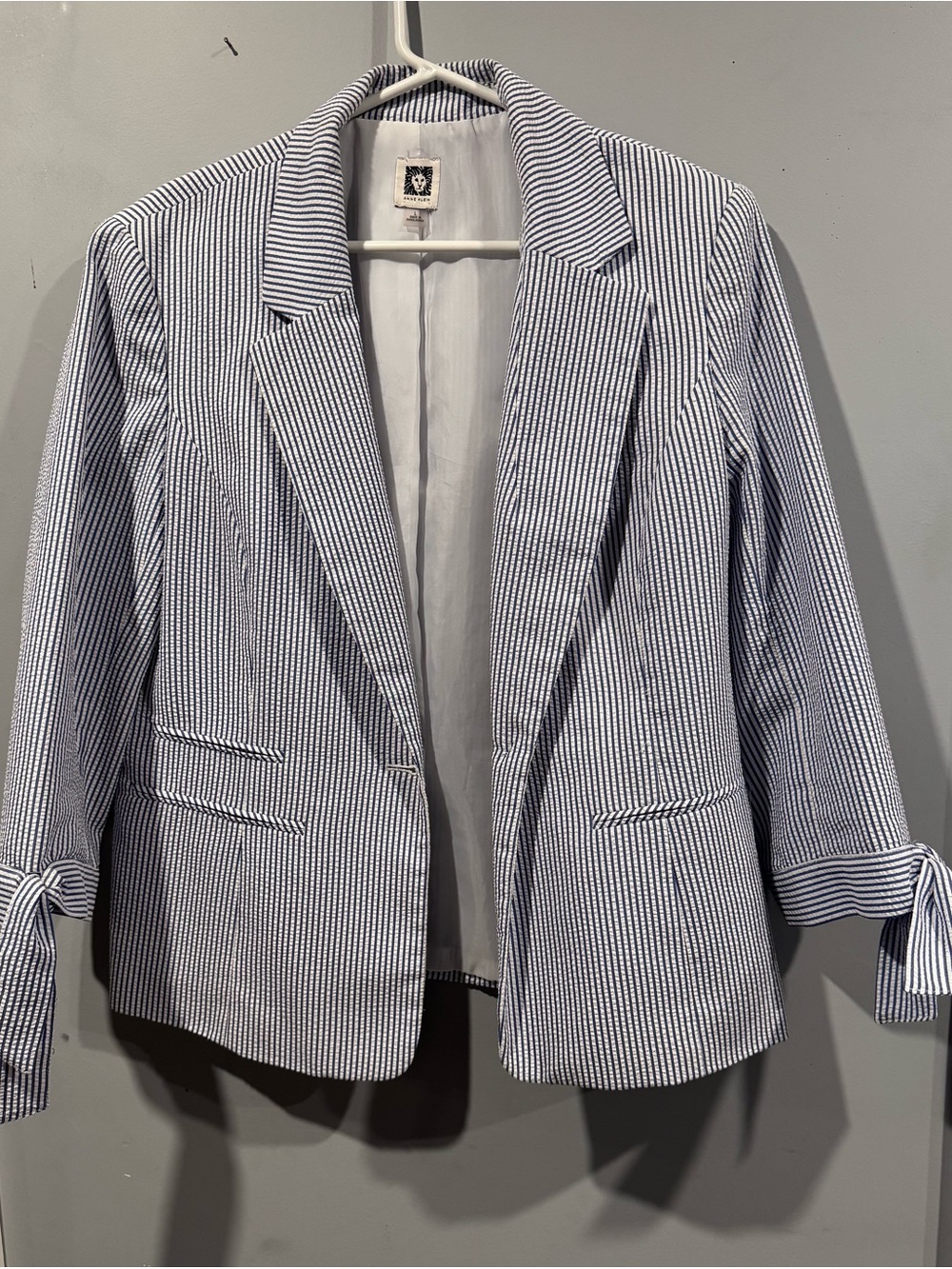 Anne Klein Navy and White Striped Seersucker Blazer